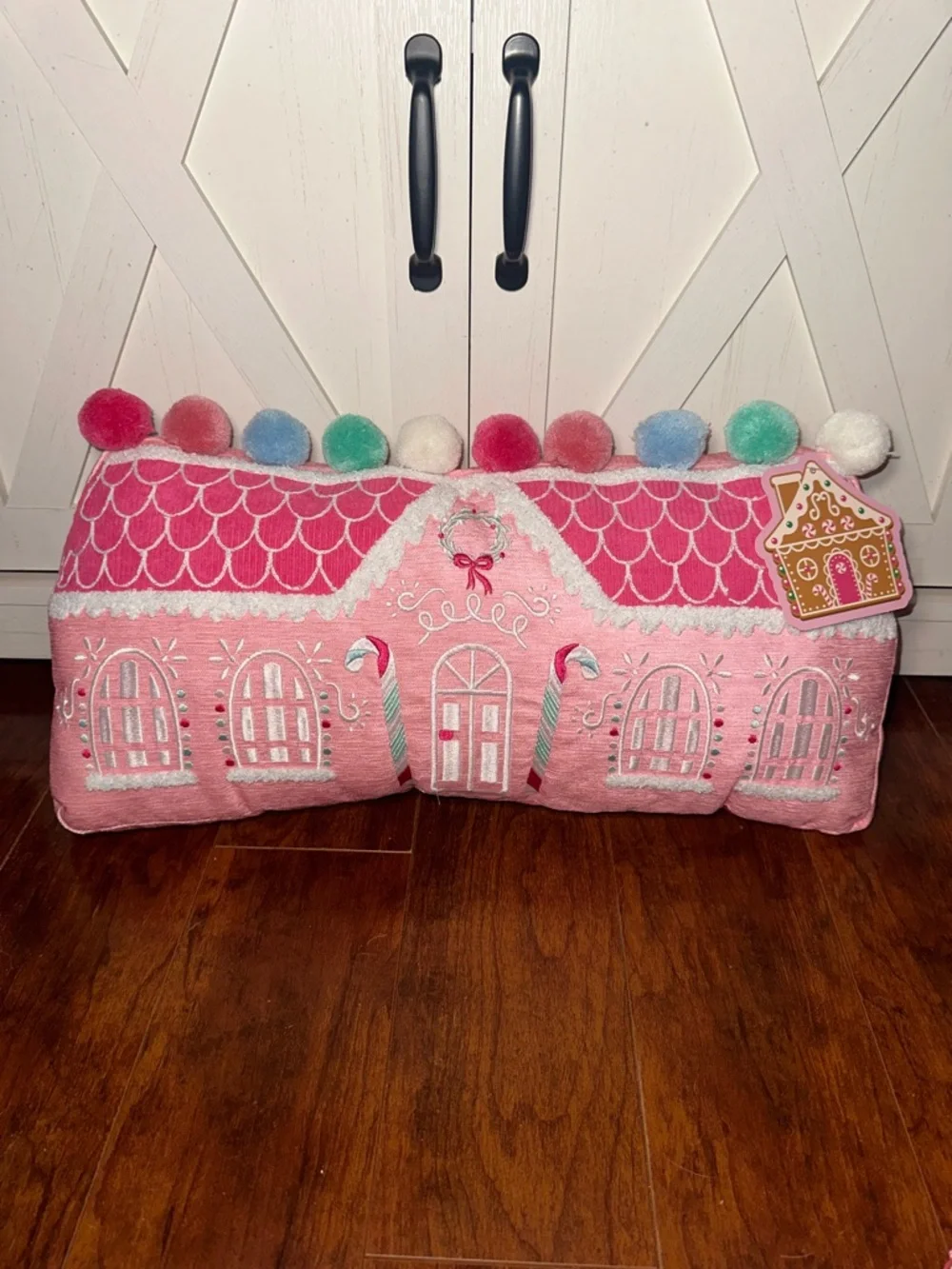 Festive Pink Gingerbread House Decorative Holiday Pillow